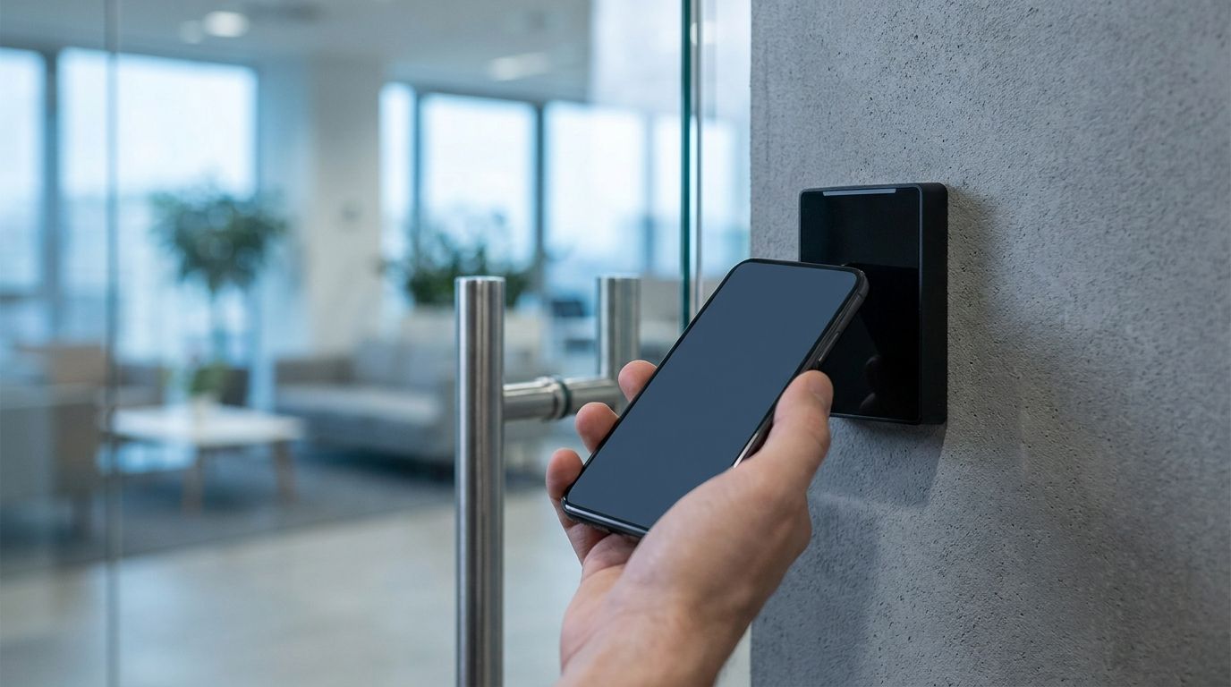 Mobile credential presented to an access control reader beside a glass office door