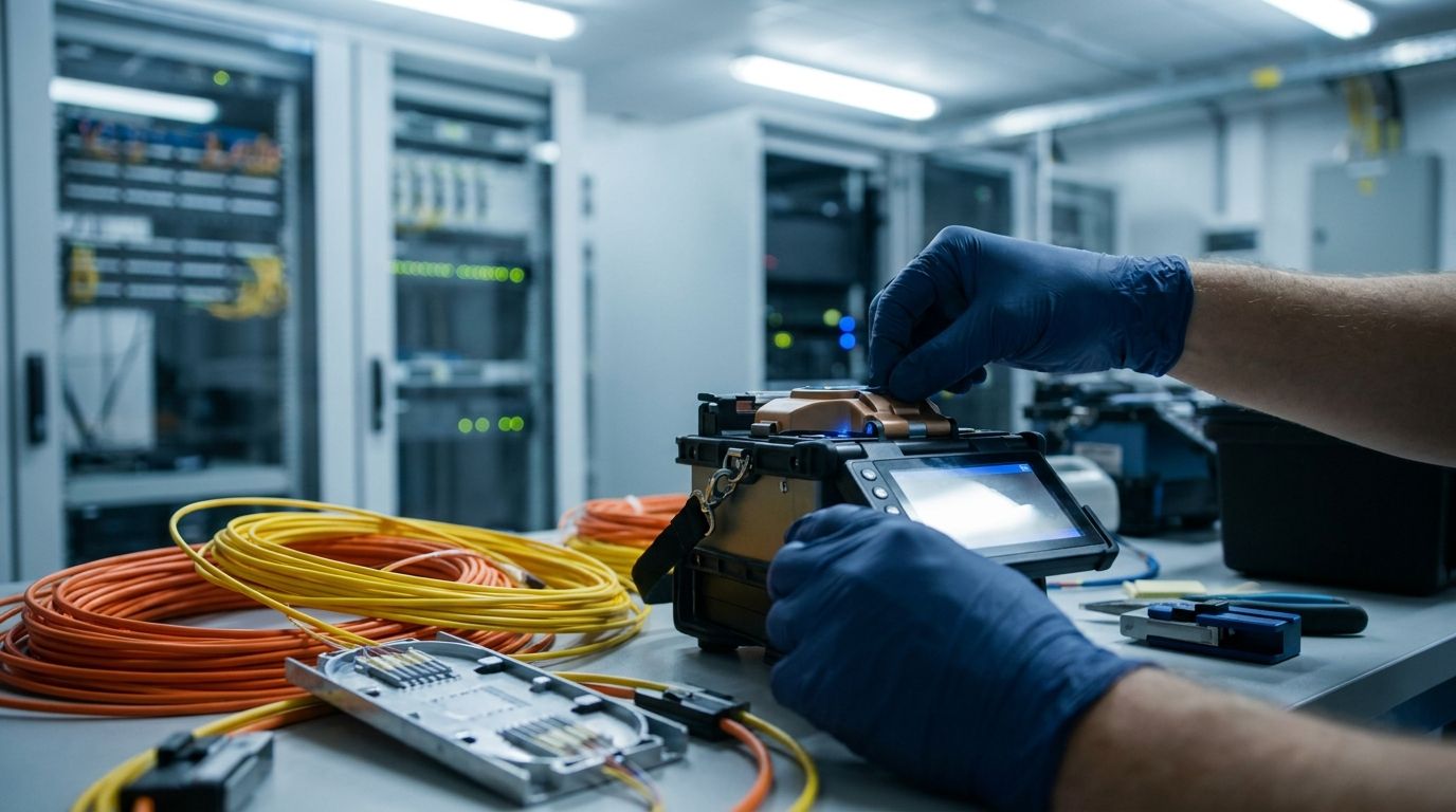 Fusion splicer joining fiber optic strands with orange and yellow fiber cables coiled on the work table