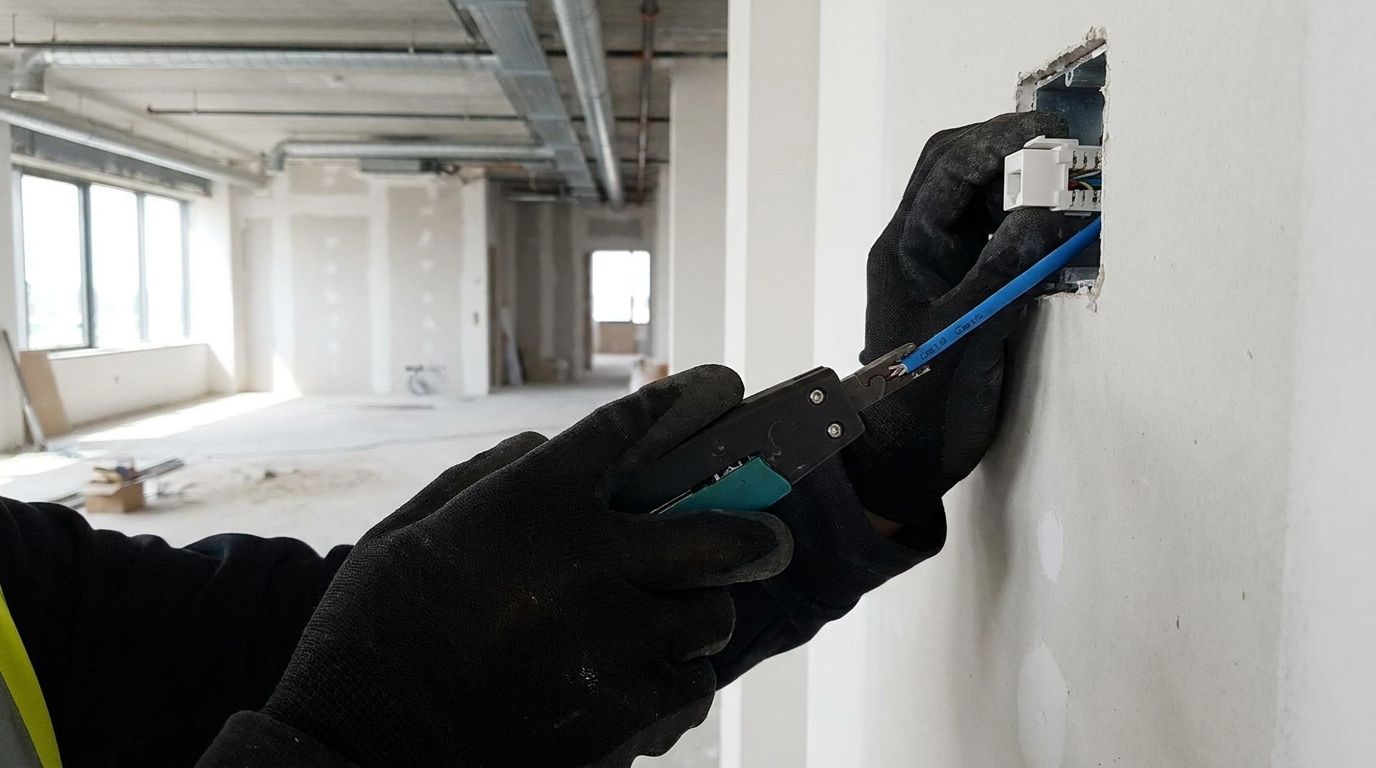 Technician punching down a blue Cat6 cable into a wall jack in an office under construction