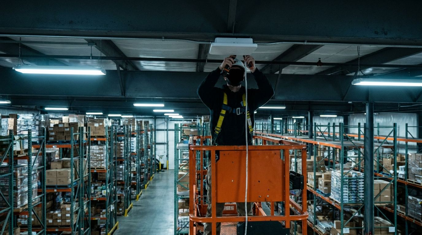 Technician on a scissor lift mounting a wireless access point to the ceiling of a distribution warehouse
